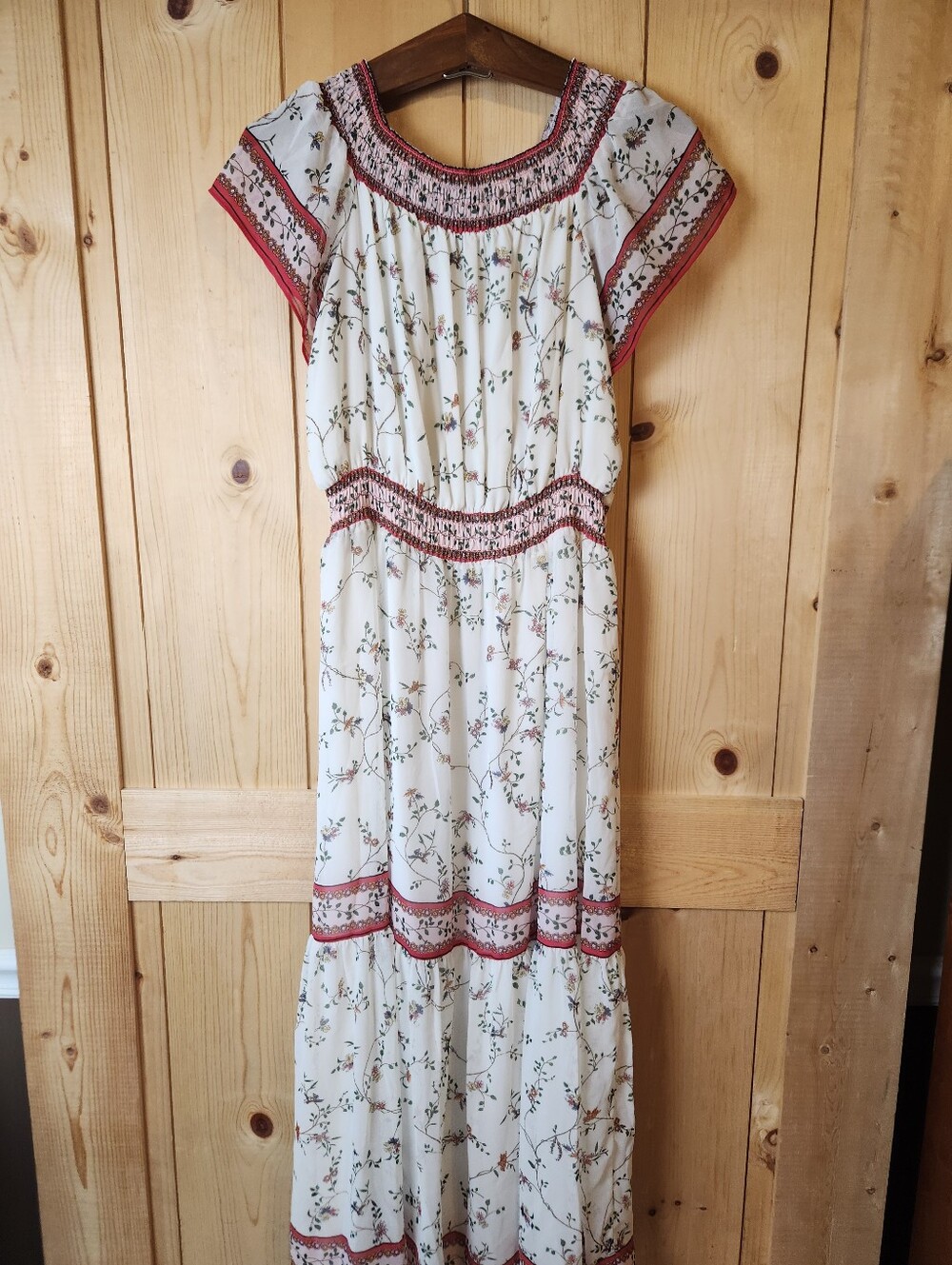 Sophie Max Floral Smock Waist Flutter Cap Sleeve Square Off-Shoulder Maxi Dress